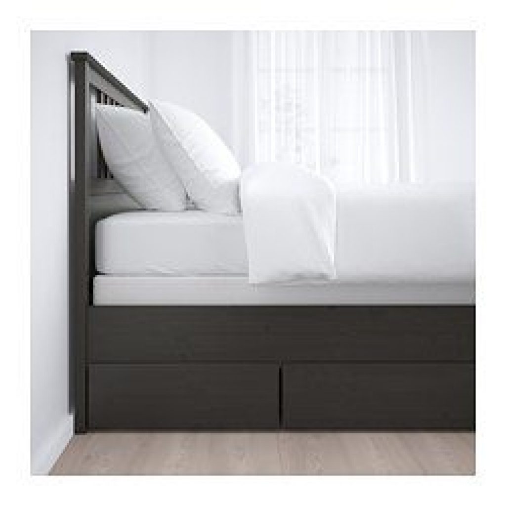 HEMNES Bed frame with 2 storage boxes dark gray stained, Espevär - IKEAPEDIA